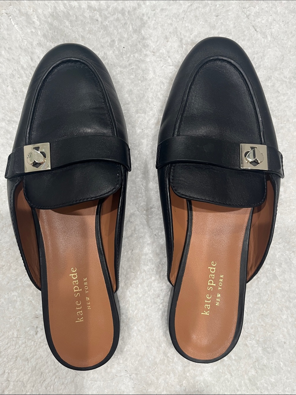 kate spade Black Leather Backless Loafers with Gold Accent